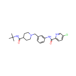 CC(C)(C)NC(=O)C1CCN(Cc2cccc(NC(=O)c3ccc(Cl)cn3)c2)CC1 ZINC001772586925