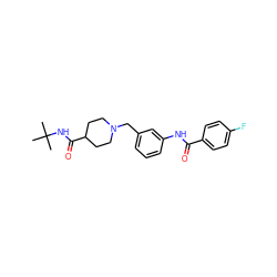 CC(C)(C)NC(=O)C1CCN(Cc2cccc(NC(=O)c3ccc(F)cc3)c2)CC1 ZINC000210587142