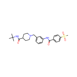 CC(C)(C)NC(=O)C1CCN(Cc2cccc(NC(=O)c3ccc(S(C)(=O)=O)cc3)c2)CC1 ZINC001772657437