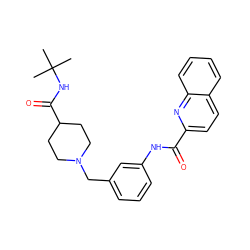 CC(C)(C)NC(=O)C1CCN(Cc2cccc(NC(=O)c3ccc4ccccc4n3)c2)CC1 ZINC000210605500