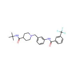 CC(C)(C)NC(=O)C1CCN(Cc2cccc(NC(=O)c3cccc(C(F)(F)F)c3)c2)CC1 ZINC001772637710