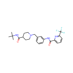 CC(C)(C)NC(=O)C1CCN(Cc2cccc(NC(=O)c3cccc(C(F)(F)F)n3)c2)CC1 ZINC001772615126