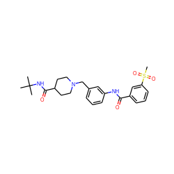 CC(C)(C)NC(=O)C1CCN(Cc2cccc(NC(=O)c3cccc(S(C)(=O)=O)c3)c2)CC1 ZINC001772624500