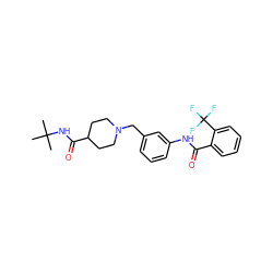 CC(C)(C)NC(=O)C1CCN(Cc2cccc(NC(=O)c3ccccc3C(F)(F)F)c2)CC1 ZINC001772622214