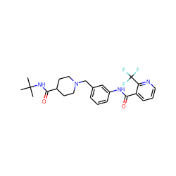 CC(C)(C)NC(=O)C1CCN(Cc2cccc(NC(=O)c3cccnc3C(F)(F)F)c2)CC1 ZINC001772631252