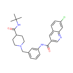 CC(C)(C)NC(=O)C1CCN(Cc2cccc(NC(=O)c3cnc4cc(Cl)ccc4c3)c2)CC1 ZINC001772582840