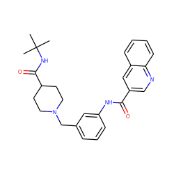 CC(C)(C)NC(=O)C1CCN(Cc2cccc(NC(=O)c3cnc4ccccc4c3)c2)CC1 ZINC000210630569