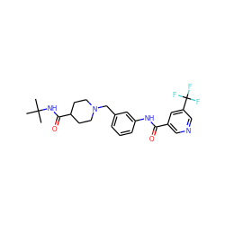 CC(C)(C)NC(=O)C1CCN(Cc2cccc(NC(=O)c3cncc(C(F)(F)F)c3)c2)CC1 ZINC000210614157