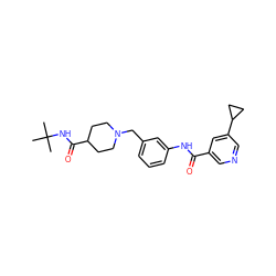 CC(C)(C)NC(=O)C1CCN(Cc2cccc(NC(=O)c3cncc(C4CC4)c3)c2)CC1 ZINC001772607126