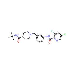 CC(C)(C)NC(=O)C1CCN(Cc2cccc(NC(=O)c3ncc(Cl)cc3F)c2)CC1 ZINC001772608523