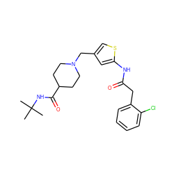 CC(C)(C)NC(=O)C1CCN(Cc2csc(NC(=O)Cc3ccccc3Cl)c2)CC1 ZINC001772647851