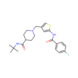 CC(C)(C)NC(=O)C1CCN(Cc2csc(NC(=O)c3ccc(F)cc3)c2)CC1 ZINC000210645236