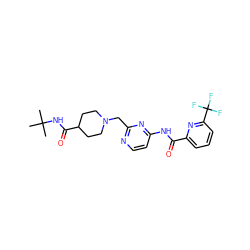 CC(C)(C)NC(=O)C1CCN(Cc2nccc(NC(=O)c3cccc(C(F)(F)F)n3)n2)CC1 ZINC001772649077