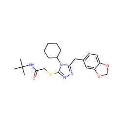 CC(C)(C)NC(=O)CSc1nnc(Cc2ccc3c(c2)OCO3)n1C1CCCCC1 ZINC000001325479