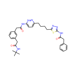 CC(C)(C)NC(=O)Cc1cccc(CC(=O)Nc2ccc(CCCCc3nnc(NC(=O)Cc4ccccc4)s3)nn2)c1 ZINC000169698457