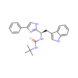 CC(C)(C)NC(=O)N[C@H](Cc1c[nH]c2ccccc12)c1nc(-c2ccccc2)c[nH]1 ZINC000028090157