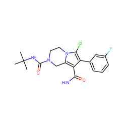 CC(C)(C)NC(=O)N1CCn2c(Cl)c(-c3cccc(F)c3)c(C(N)=O)c2C1 ZINC001772656893