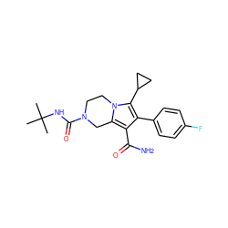 CC(C)(C)NC(=O)N1CCn2c(c(C(N)=O)c(-c3ccc(F)cc3)c2C2CC2)C1 ZINC001772585461