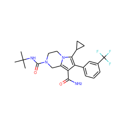 CC(C)(C)NC(=O)N1CCn2c(c(C(N)=O)c(-c3cccc(C(F)(F)F)c3)c2C2CC2)C1 ZINC000112973839