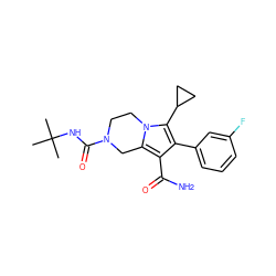 CC(C)(C)NC(=O)N1CCn2c(c(C(N)=O)c(-c3cccc(F)c3)c2C2CC2)C1 ZINC001772580136