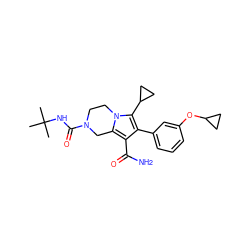 CC(C)(C)NC(=O)N1CCn2c(c(C(N)=O)c(-c3cccc(OC4CC4)c3)c2C2CC2)C1 ZINC001772614697