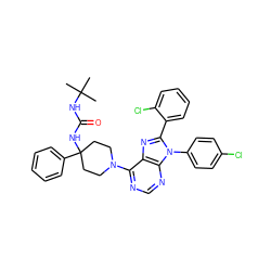 CC(C)(C)NC(=O)NC1(c2ccccc2)CCN(c2ncnc3c2nc(-c2ccccc2Cl)n3-c2ccc(Cl)cc2)CC1 ZINC000095579788