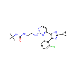 CC(C)(C)NC(=O)NCCNc1nccc(-c2[nH]c(C3CC3)nc2-c2ccccc2Cl)n1 ZINC000029043390