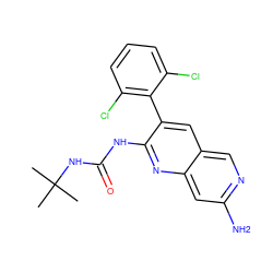 CC(C)(C)NC(=O)Nc1nc2cc(N)ncc2cc1-c1c(Cl)cccc1Cl ZINC000021289510