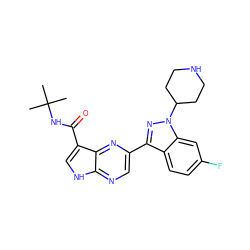 CC(C)(C)NC(=O)c1c[nH]c2ncc(-c3nn(C4CCNCC4)c4cc(F)ccc34)nc12 ZINC000095604195