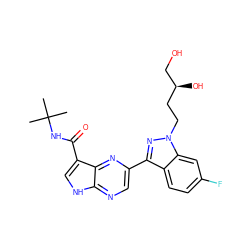 CC(C)(C)NC(=O)c1c[nH]c2ncc(-c3nn(CC[C@H](O)CO)c4cc(F)ccc34)nc12 ZINC000095602862