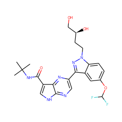 CC(C)(C)NC(=O)c1c[nH]c2ncc(-c3nn(CC[C@H](O)CO)c4ccc(OC(F)F)cc34)nc12 ZINC000095604473