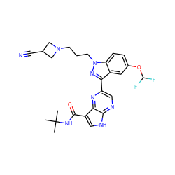 CC(C)(C)NC(=O)c1c[nH]c2ncc(-c3nn(CCCN4CC(C#N)C4)c4ccc(OC(F)F)cc34)nc12 ZINC000095601076