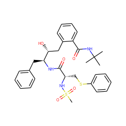 CC(C)(C)NC(=O)c1ccccc1C[C@@H](O)[C@H](Cc1ccccc1)NC(=O)[C@H](CSc1ccccc1)NS(C)(=O)=O ZINC000026016556