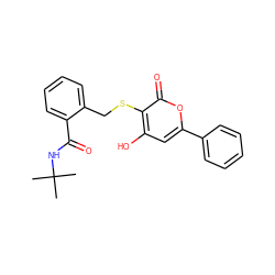 CC(C)(C)NC(=O)c1ccccc1CSc1c(O)cc(-c2ccccc2)oc1=O ZINC000005885578