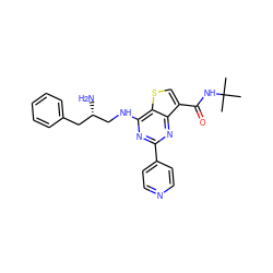 CC(C)(C)NC(=O)c1csc2c(NC[C@@H](N)Cc3ccccc3)nc(-c3ccncc3)nc12 ZINC000223690294