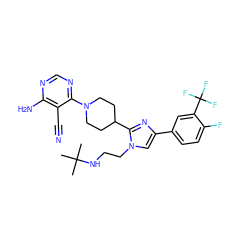 CC(C)(C)NCCn1cc(-c2ccc(F)c(C(F)(F)F)c2)nc1C1CCN(c2ncnc(N)c2C#N)CC1 ZINC000218713356