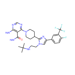 CC(C)(C)NCCn1cc(-c2ccc(F)c(C(F)(F)F)c2)nc1C1CCN(c2ncnc(N)c2C(N)=O)CC1 ZINC000219735446