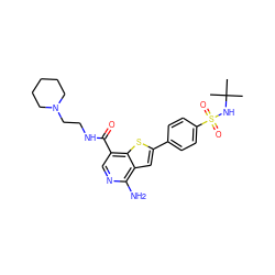 CC(C)(C)NS(=O)(=O)c1ccc(-c2cc3c(N)ncc(C(=O)NCCN4CCCCC4)c3s2)cc1 ZINC000073239806