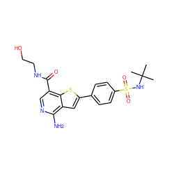 CC(C)(C)NS(=O)(=O)c1ccc(-c2cc3c(N)ncc(C(=O)NCCO)c3s2)cc1 ZINC000073220882