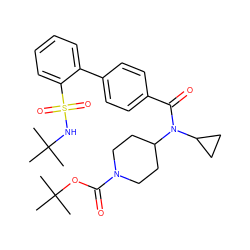 CC(C)(C)NS(=O)(=O)c1ccccc1-c1ccc(C(=O)N(C2CC2)C2CCN(C(=O)OC(C)(C)C)CC2)cc1 ZINC001772643689