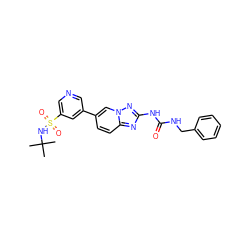 CC(C)(C)NS(=O)(=O)c1cncc(-c2ccc3nc(NC(=O)NCc4ccccc4)nn3c2)c1 ZINC000084712902