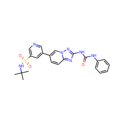 CC(C)(C)NS(=O)(=O)c1cncc(-c2ccc3nc(NC(=O)Nc4ccccc4)nn3c2)c1 ZINC000084671822