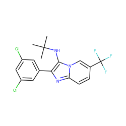 CC(C)(C)Nc1c(-c2cc(Cl)cc(Cl)c2)nc2ccc(C(F)(F)F)cn12 ZINC000207020280