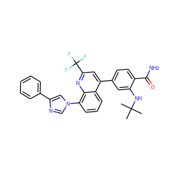 CC(C)(C)Nc1cc(-c2cc(C(F)(F)F)nc3c(-n4cnc(-c5ccccc5)c4)cccc23)ccc1C(N)=O ZINC000145589284