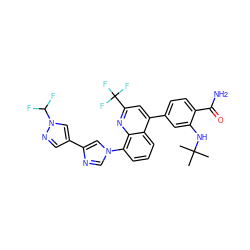 CC(C)(C)Nc1cc(-c2cc(C(F)(F)F)nc3c(-n4cnc(-c5cnn(C(F)F)c5)c4)cccc23)ccc1C(N)=O ZINC000145535787