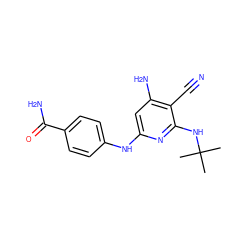 CC(C)(C)Nc1nc(Nc2ccc(C(N)=O)cc2)cc(N)c1C#N ZINC000084689624