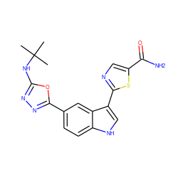 CC(C)(C)Nc1nnc(-c2ccc3[nH]cc(-c4ncc(C(N)=O)s4)c3c2)o1 ZINC000204766074