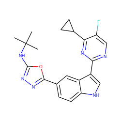 CC(C)(C)Nc1nnc(-c2ccc3[nH]cc(-c4ncc(F)c(C5CC5)n4)c3c2)o1 ZINC000204753946