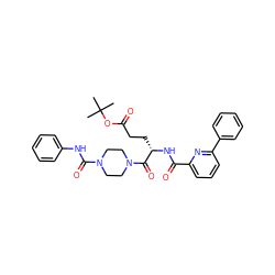 CC(C)(C)OC(=O)CC[C@H](NC(=O)c1cccc(-c2ccccc2)n1)C(=O)N1CCN(C(=O)Nc2ccccc2)CC1 ZINC000049756351