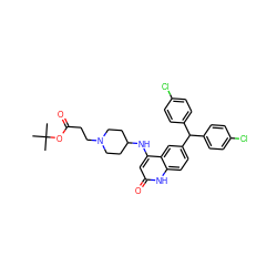 CC(C)(C)OC(=O)CCN1CCC(Nc2cc(=O)[nH]c3ccc(C(c4ccc(Cl)cc4)c4ccc(Cl)cc4)cc23)CC1 ZINC001772654594